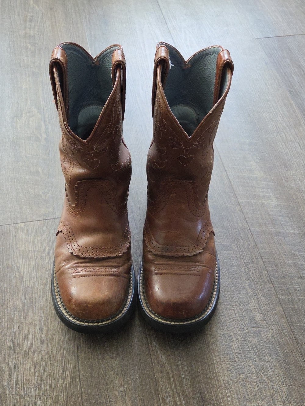 Ariat Tan and Light Blue Leather Western Boot Interior